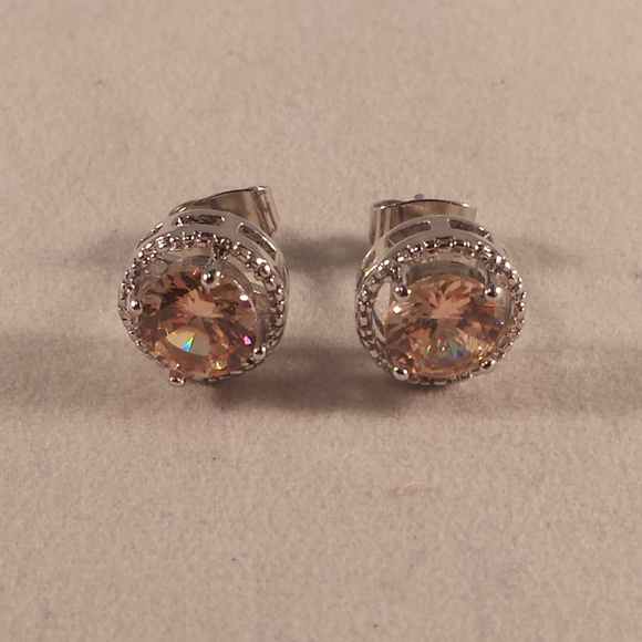 Jewelry - 18K White Gold Filled Morganite Diamond Zircon Stud Earrings 7mm Gorgeous Gift